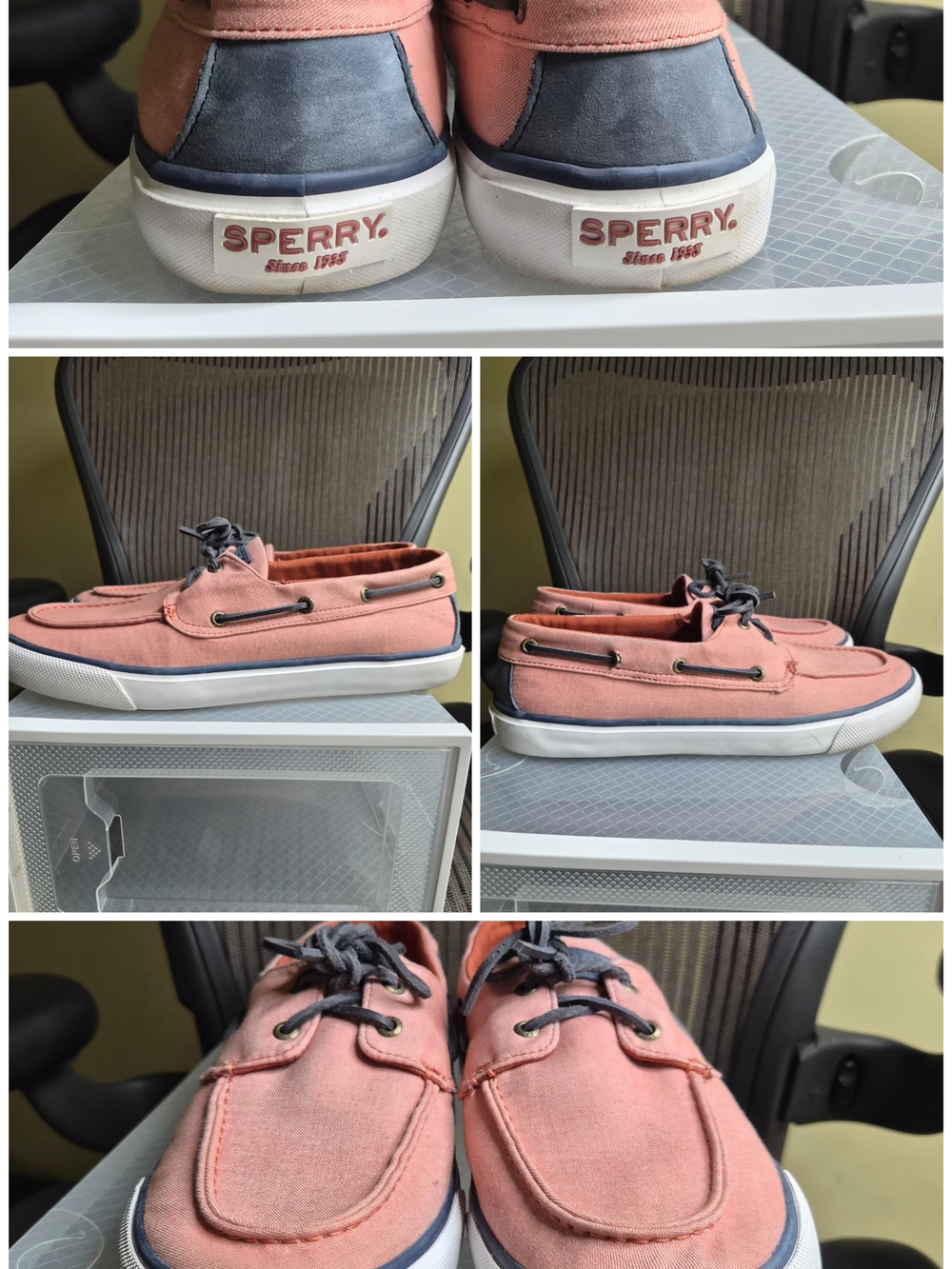 Sperry Mens Coral Pink Canvas Boat Shoes with Gray Accents